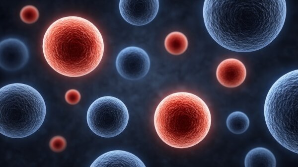 Glowing cellular regeneration visualization in blue and red cells