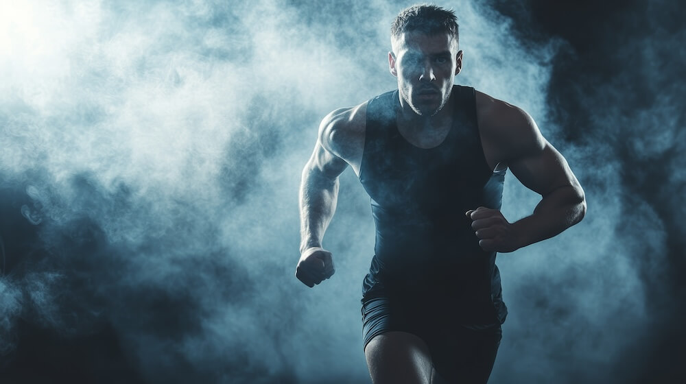 Strong male athlete running in a smoky atmosphere