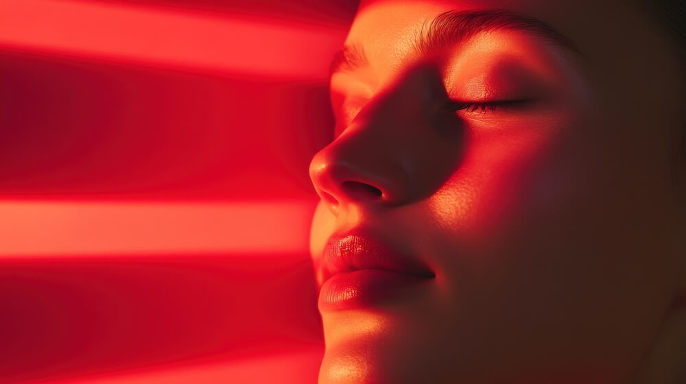Woman's face with red light shining on it